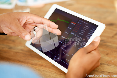 Image of Stock market, investment and tablet with hands of person for chart, trading and forex research. Finance, data analysis and cryptocurrency with employee and graph for growth, technology and app