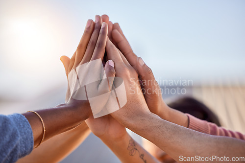 Image of Hands, high five and people in support, teamwork and solidarity of success, agreement goal and diversity. Hand, partnership and celebrate collaboration of community, motivation and winner achievement