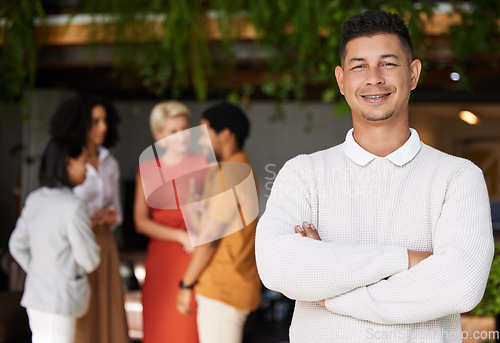 Image of Portrait, smile and business man with arms crossed and pride for career or job. Ceo, professional mindset and happy, proud and confident male entrepreneur from Brazil in office workplace at night.