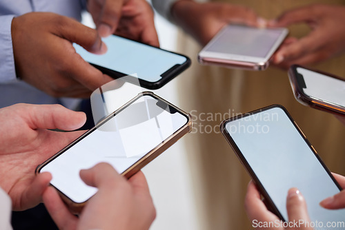 Image of People, group and phone mockup screen for advertising, marketing and networking. Hand, friends and mobile mock up on smartphone website for multimedia, app and download data on technology connection