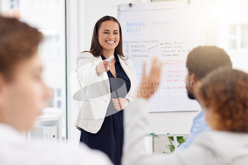 Image of Business, presentation and woman leadership for questions, feedback and planning ideas in company discussion. Female manager, whiteboard and mentor asking audience in seminar, brainstorming and talk