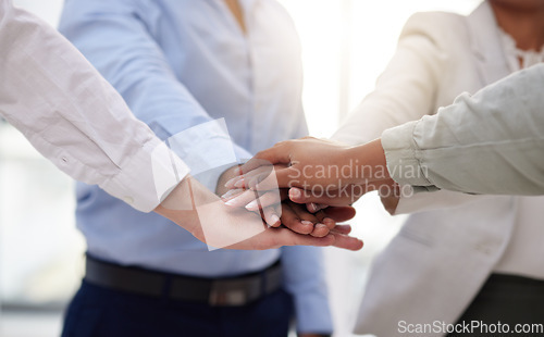Image of Hands, business group and people stack for support, solidarity and teamwork of success, agreement and trust. Hand, pile and cooperation of employee collaboration, unity and staff motivation together