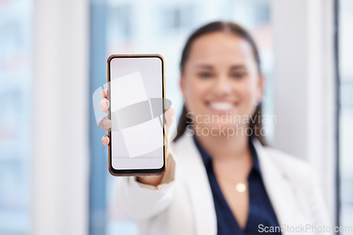 Image of Phone screen, mockup and woman hand for business mobile app, ui ux design or product placement space. Website, social media person and online career professional show smartphone or cellphone mock up