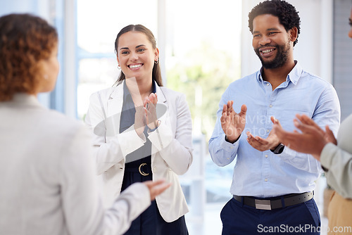 Image of Applause, business and people in office for teamwork, congratulations and celebrate opportunity. Diversity, support and happy employees clapping hands for success, winning and celebration with pride