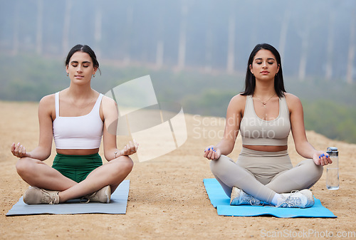 Image of Yoga, meditation and wellness with woman friends in nature, sitting on a mat for mental health or balance. Fitness, forest or mindfulness with a young female yogi and friend meditating outdoor