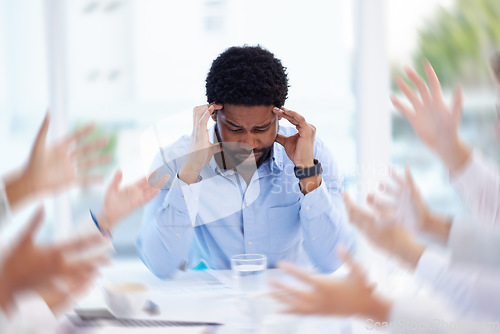 Image of Black man, headache or stress in business meeting with team hands for mental health and anxiety. Corporate leader depression, burnout fatigue or conflict problem and frustrated in blur motion office