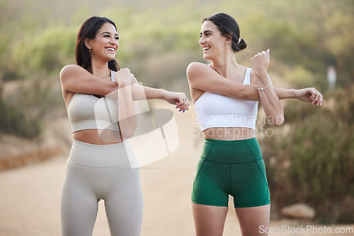 Image of Stretching, fitness and women or friends training in nature exercise, warmup and happy support or wellness. Personal trainer, teamwork and sports people or runner with body workout and outdoor health