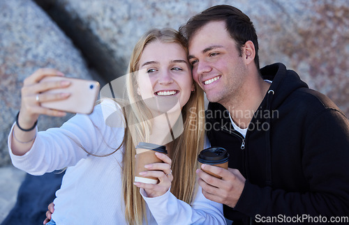 Image of Love, selfie and couple outdoor, smile and summer vacation for relationship, romance and bonding. Romantic, man and woman with smartphone, picture for memory or loving together on break and affection