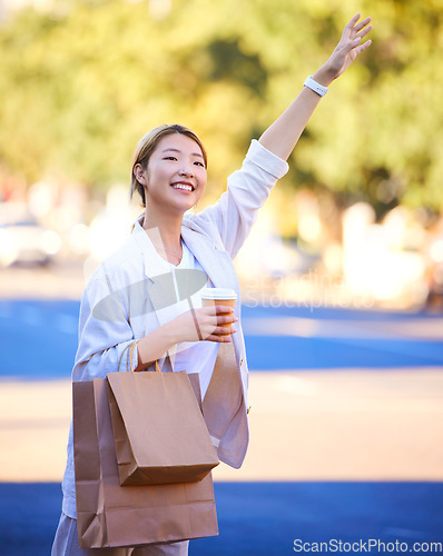Image of Taxi, shopping bags and coffee with Asian woman in city for sales, grocery and retail boutique. Happy, smile and summer with customer and hand for travel service in outdoors for fashion, deal or gift