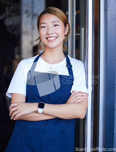 Image of Welcome, cafe and portrait of asian woman at door for confident, waitress and entrepreneur in startup. Small business, smile and manager with barista in coffee shop for retail, restaurant and service