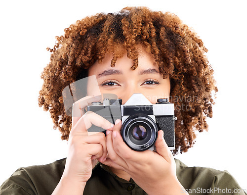 Image of Portrait, photography and black woman using camera taking picture or photo isolated in studio white background. African American, black person and creative photoshoot as production employee