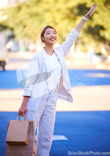 Image of Taxi, shopping bags and retail with Asian woman in city for sales, grocery and boutique deal. Happy, smile and summer with customer and hand for travel service in outdoors for fashion, stop and gift