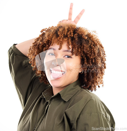 Image of Black woman, tongue out in portrait with peace hand sign and goofy, playful and smile isolated on white background. Happy person, funny face with v, emoji and crazy, comic with female and gen z