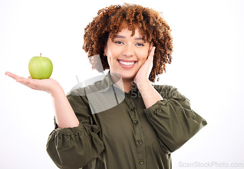 Image of Apple, face portrait and African woman with fruit product for weight loss diet, healthcare lifestyle or body detox. Wellness food, nutritionist studio or happy vegan girl isolated on white background