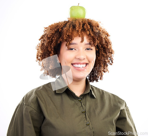 Image of Apple, African face portrait and happy woman with fruit product for weight loss diet, healthcare lifestyle or body detox. Wellness food, nutritionist studio or vegan girl isolated on white background