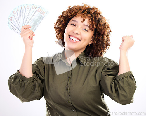 Image of Happy, money and winner with portrait of black woman for investment, success or growth. Cash, dollar and wow with face of girl customer isolated on white background for financial, deal or promotion