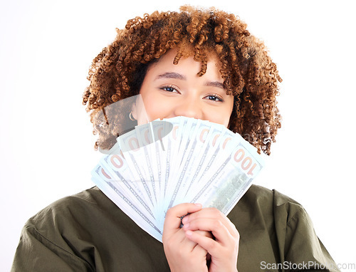 Image of Finance, money and winner with portrait of black woman for investment, success or growth. Cash, dollar and wealth with girl customer isolated on white background for financial, deal or promotion