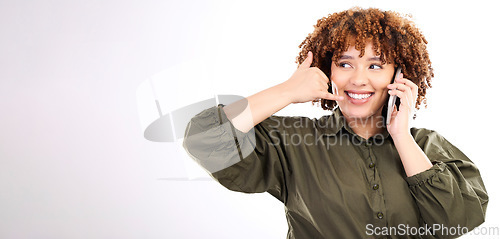 Image of Phone call, mockup and hand gesture by woman happy for mobile communication by young female with copy space. Talking, conversation and person with 5g service isolated in a studio white background