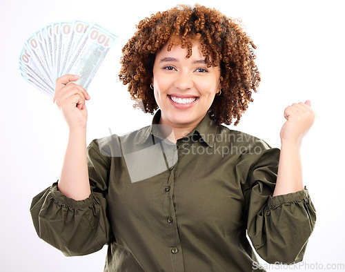 Image of Success, money and winner with portrait of black woman for investment, finance or growth. Cash, dollar and wow with face of girl customer isolated on white background for financial, deal or promotion