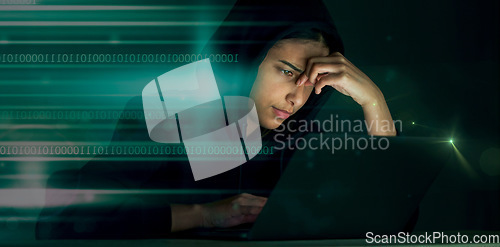 Image of Indian woman, hacker and code glitch overlay of cybersecurity problem with coding graphic. Programmer, criminal and finance software hack with a hacking expert writing algorithm for cybercrime virus