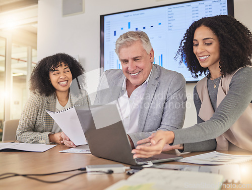 Image of Happy, coaching and business people on laptop for creative, collaboration and project plan in office. Corporate, women and mentor with report for review, planning or teamwork idea for proposal