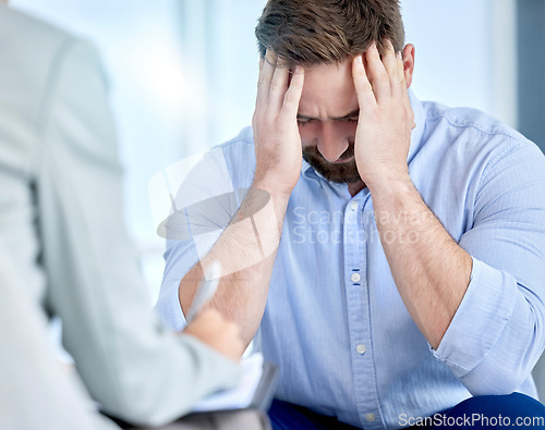 Image of Stress, fired and business man sad is jobless, depression and corporate employee feeling anxiety suffering for mental health. Worker, frustrated and fail at work with burnout or fatigue