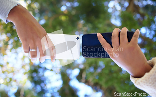 Image of Hands, phone and networking with people sharing data or information outdoor in a park from below. Contact, bluetooth and 5g mobile technology with friends outside to share media on a wireless network