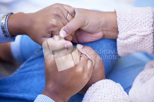 Image of Holding hands, friends and close up for black woman with support, care and solidarity at outdoor park. Women, trust and helping hand for consultation, conversation and listen for problem with love