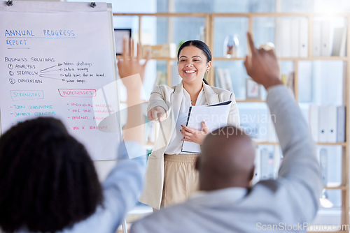 Image of Business woman, leadership and coaching with question in meeting for planning, team strategy or ideas at the office. Female leader or coach in presentation training staff for teamwork engagement