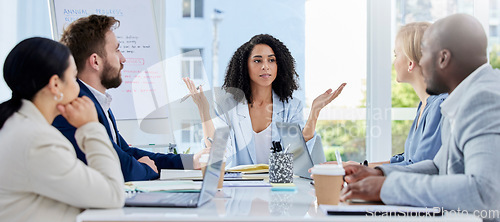 Image of Black woman, leadership and business people in meeting for planning, team strategy or ideas at the office. African American female leader discussing project plan or question for teamwork engagement