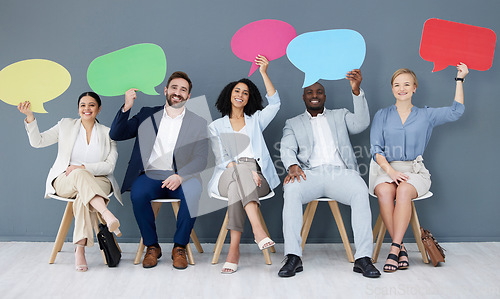 Image of Diversity, business people and speech bubbles for social media, recruitment and feedback in workplace. Multiracial, happy employees and coworkers with happiness, interview or collaboration for survey