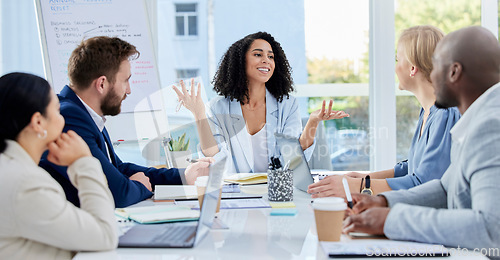 Image of Black woman, leadership and business people in meeting, strategy or sharing planning idea at office. Happy African American female leader discussing project plan in teamwork collaboration at workshop