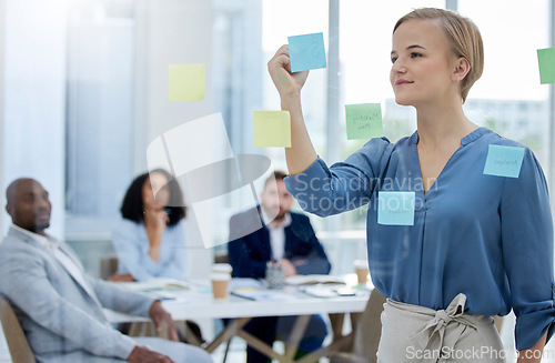 Image of Writing, presentation and business woman in meeting brainstorming idea, sticky notes and planning in office. Collaboration, leadership and group of people working on project, thinking and strategy