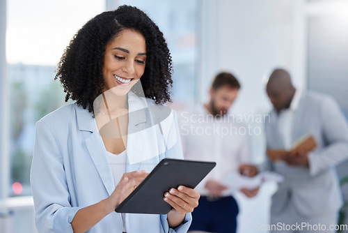 Image of Smile, search and tablet with black woman in office for networking, communication and social media. Technology, internet and digital with employee reading online for news, planning and email report