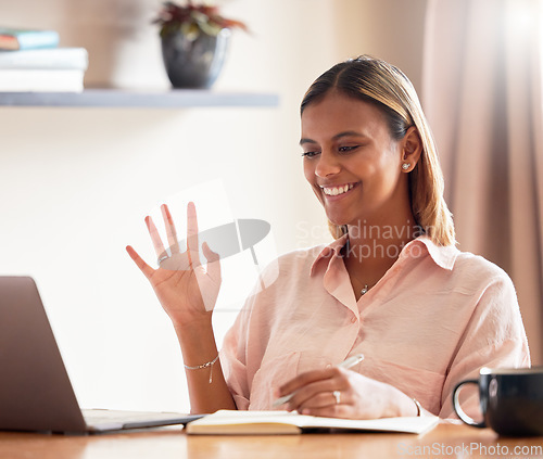 Image of Laptop, student and woman wave in video call for online learning, studying or webinar in home. Scholarship hello, distance education and happy female waving in virtual class with computer and book.