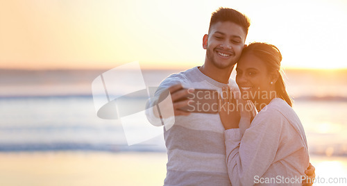 Image of Couple, beach selfie and sunset love for happiness, save the date engagement announcement or mockup. Man, woman and take photograph at sea of happy holiday, peace or relax at ocean, travel or freedom