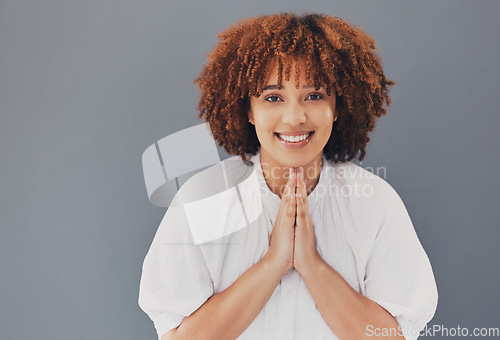 Image of Portrait of woman with praying hands isolated on studio background for hope, asking please or help for opportunity. Happy young person or face of gen z student with prayer sign, sorry or support