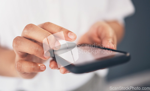 Image of Closeup, hands and smartphone for typing, social media and connection for communication. Zoom, female professional and lady with cellphone, screen and networking for message, chatting and texting