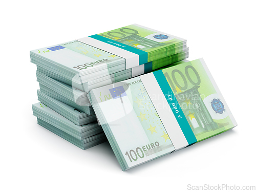 Image of Stack of 100 euro banknotes bundles isolated