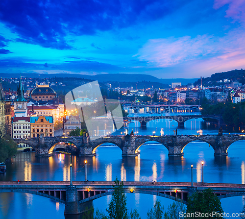 Image of Panoramic view of Prague bridges over Vltava river