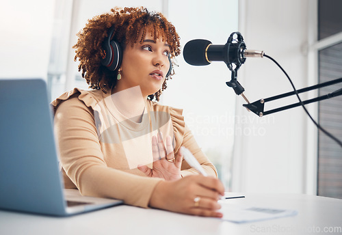 Image of Podcast, microphone and black woman radio broadcast, content creation or recording virtual interview on laptop. Young reporter, news person or journalist speaking, planning live streaming audio show