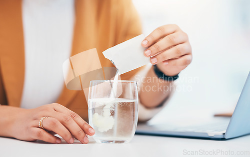 Image of Woman, medicine and effervescent in water, glass and healthcare for relief, multivitamin and symptoms. Closeup sachet of powder, supplement and medical drink for worker with energy, wellness and cure