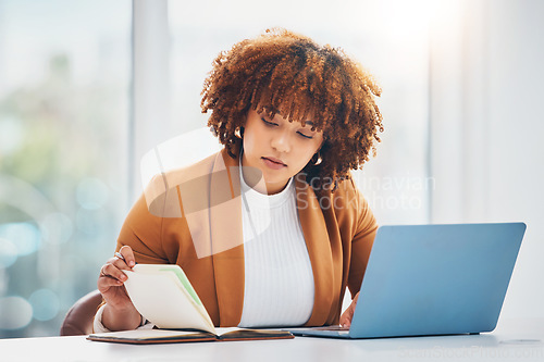 Image of Burnout, laptop and black woman with notebook, stress and deadline for advertising campaign, overworked and depression. Jamaican, female employee or manager with device, planning or anxiety in office