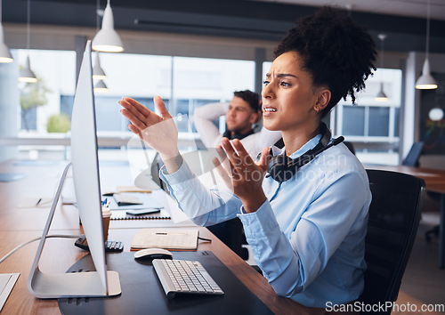 Image of Call center, stress and woman in office with problem, 404 or internet glitch while working in customer support. Telemarketing, fail by girl with anxiety, mistake or frustrated while consulting in crm