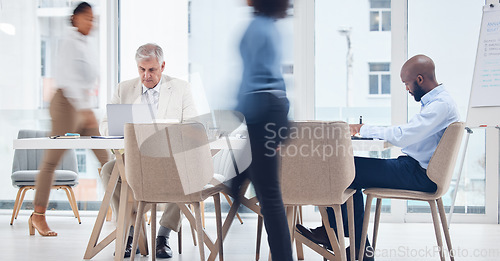 Image of Corporate, busy and motion blur with business people in an office boardroom for planning or strategy. Meeting, management or walking with a man and woman employee group rushing to attend a workshop