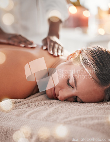 Image of Woman, back massage at spa and holistic therapy with masseuse hands, wellness and treatment with zen. Health, peace of mind and stress relief, self care and lifestyle with healing, face and calm