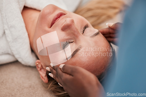 Image of Head massage, spa and face of woman with luxury wellness, peace and calm for mind and beauty treatment. Facial therapist and hands for person zen, healing and stress relief while relax or sleeping