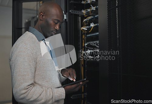 Image of Engineer, server room or black man with tablet for database connection cable, maintenance or software update at night. Cybersecurity, IT and male coder with technology for networking in data center.