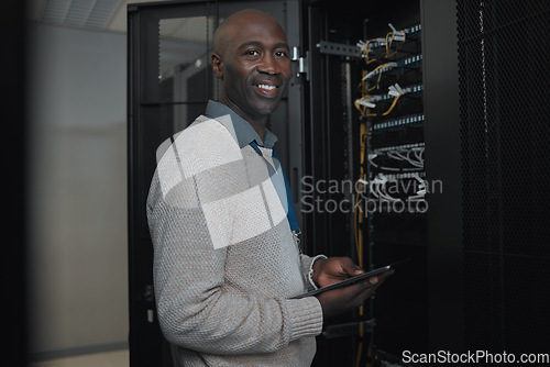 Image of Portrait, server room and IT black man on tablet for database connection cable, maintenance or software update. Cybersecurity, face and male coder with technology for networking in data center.