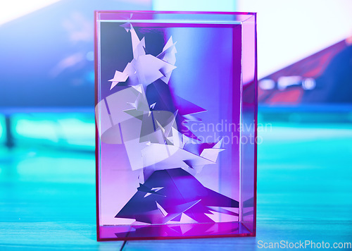 Image of Futuristic, statue and 3d design in a cube for gaming, fun and presentation. Creative neon, digital and graphic pattern displayed in a case for creativity, puzzle and gamer art entertainment